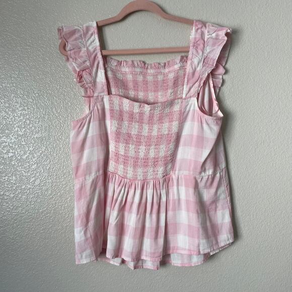 Old Navy Top Womens 2X Pink Gingham Ruffled Peplum Blouse Smocked Cottagecore - Picture 6 of 11